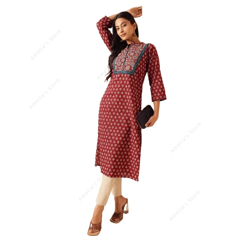 Summer Clothing India - Kurta Étnica con Estampado Floral Marrón